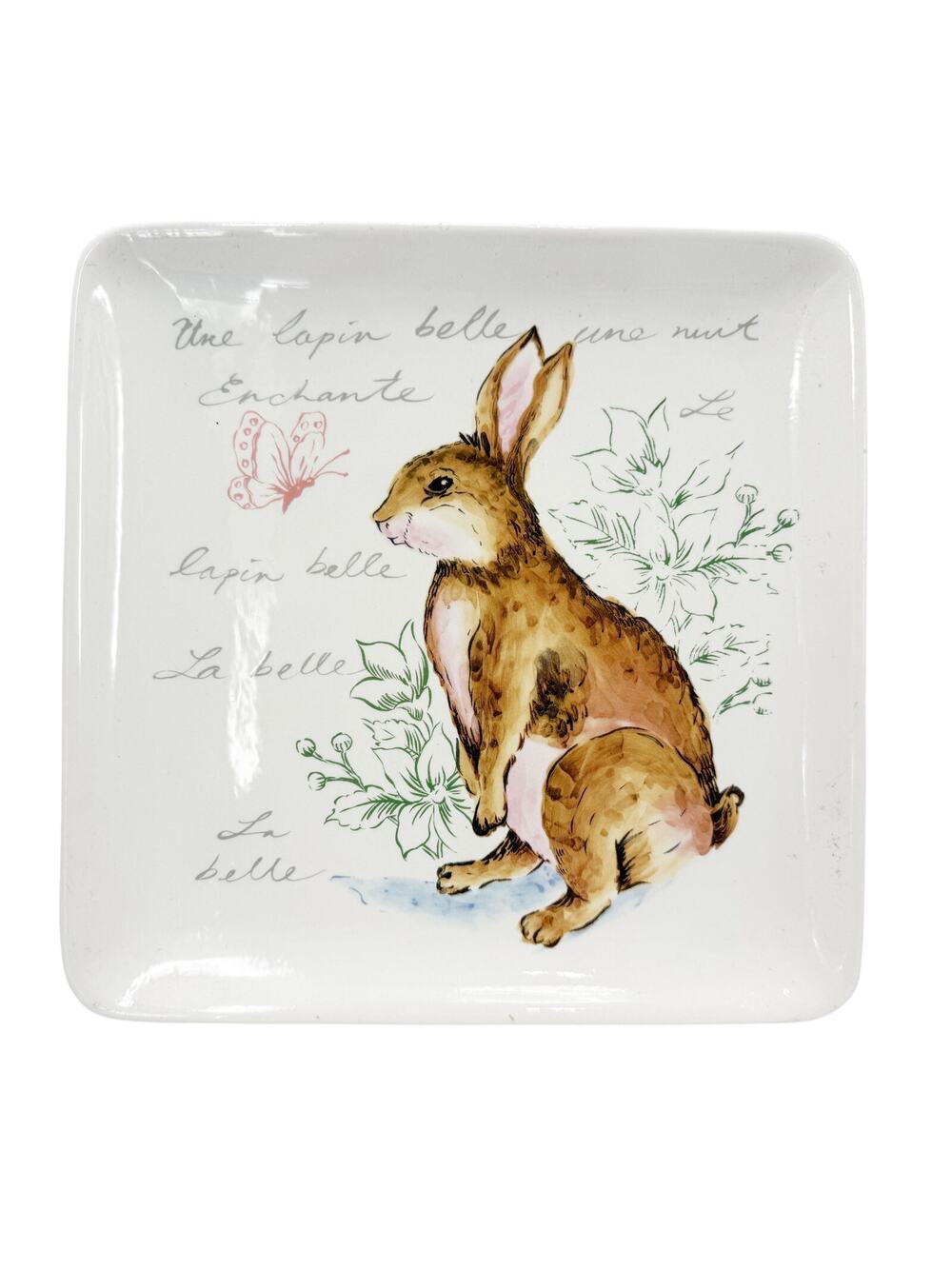10" square Easter Bunny white ceramic Plate spring butterfly flowers rabbit dish